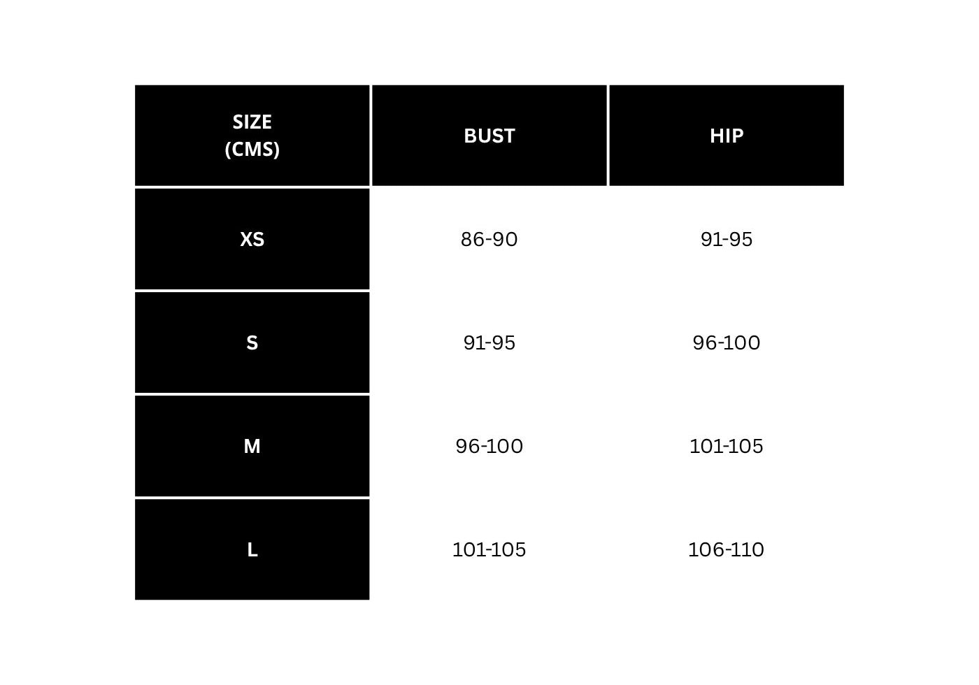 Size chart for Women's white pajamas