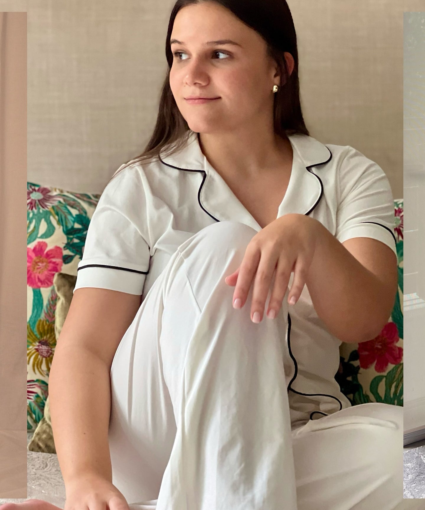 Women's white cotton pajamas with black trim
