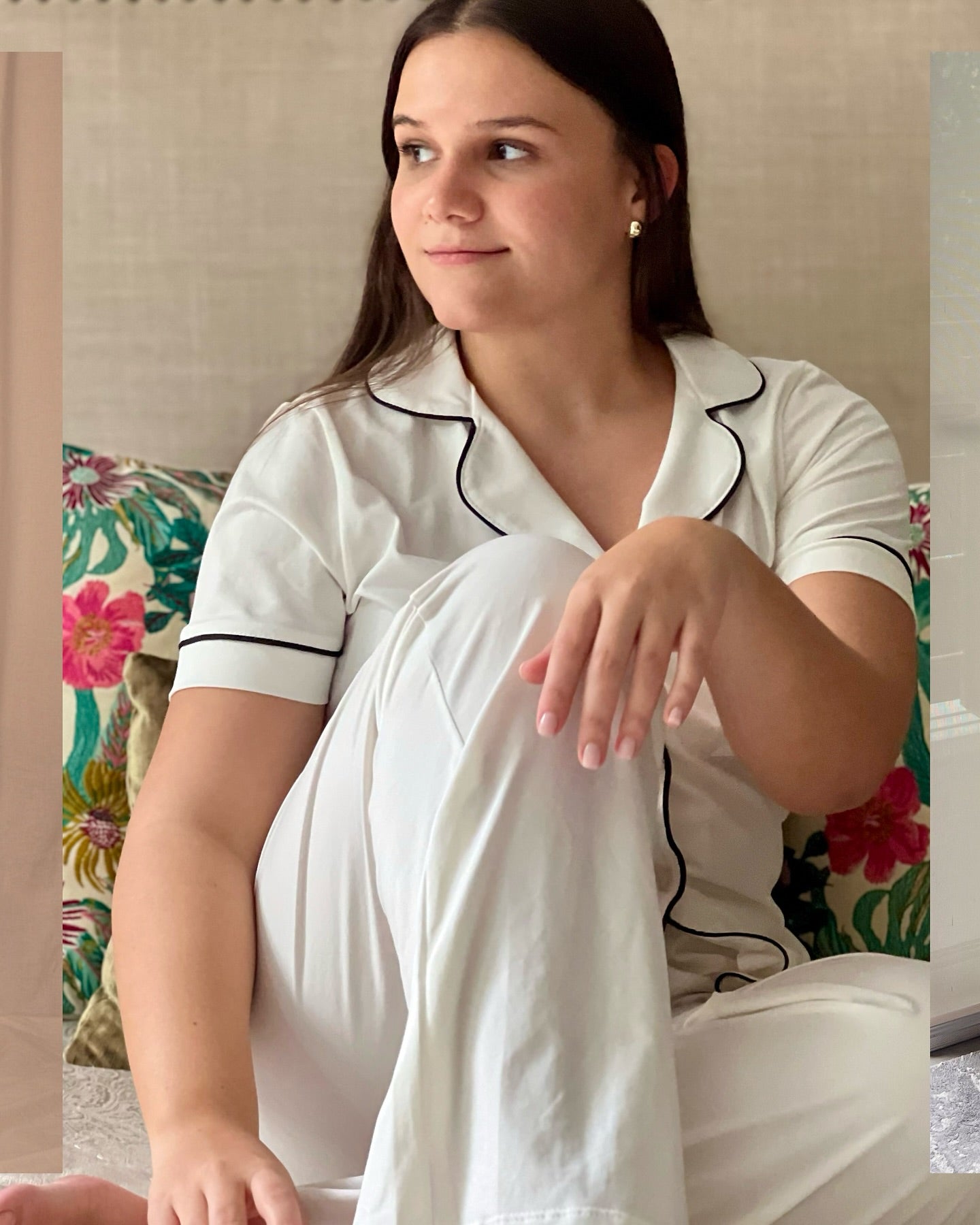 Women's white cotton pajamas with black trim