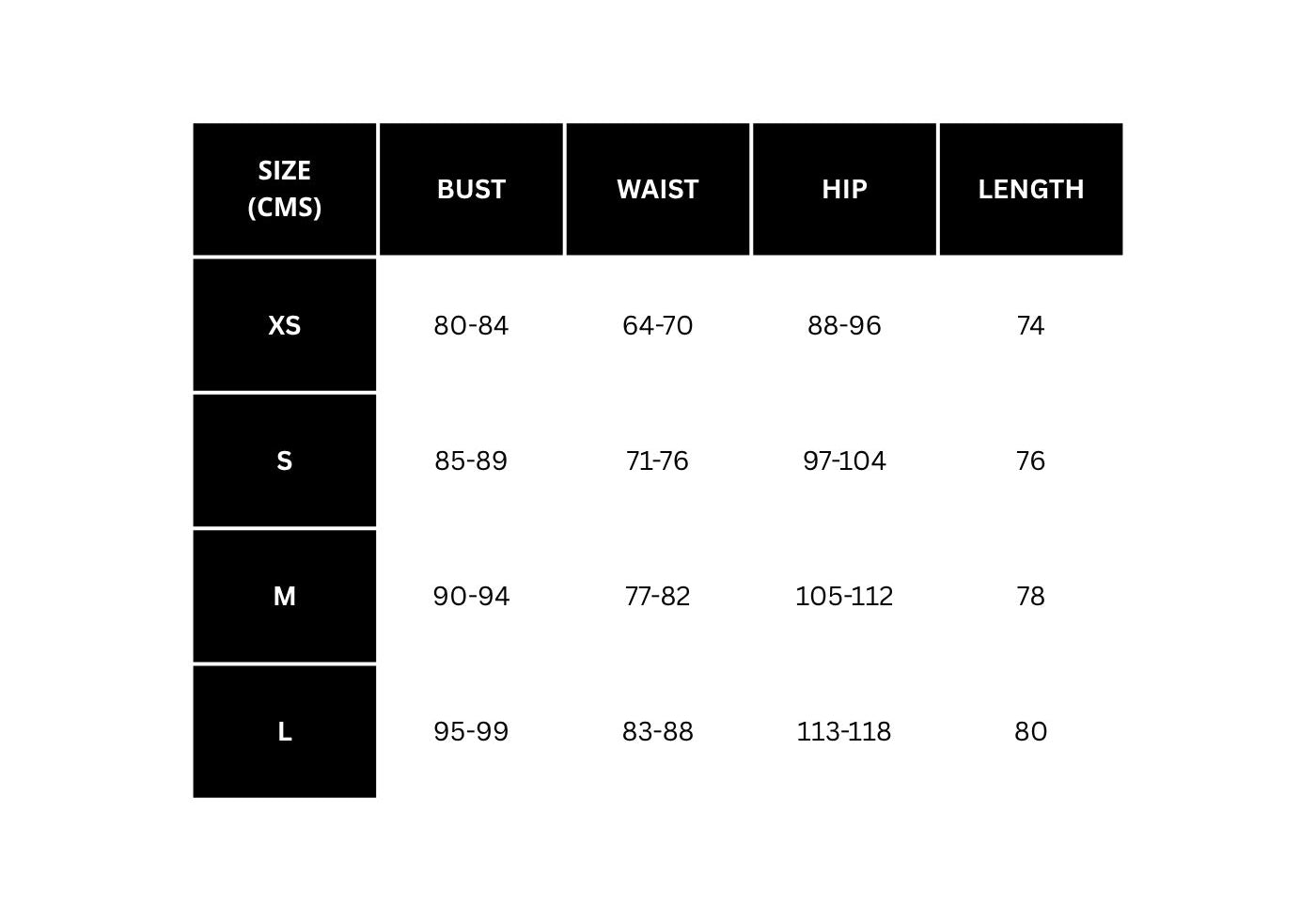 Size Chart for women's white nightdress short